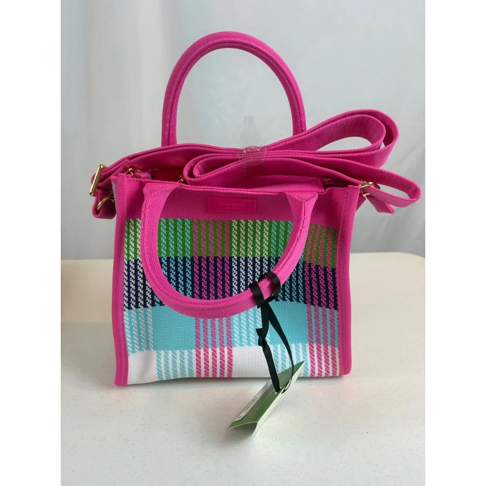 Kate Spade New York Target Pink Plaid Knit Mini Tote Crossbody Bag New - Picture 6 of 11